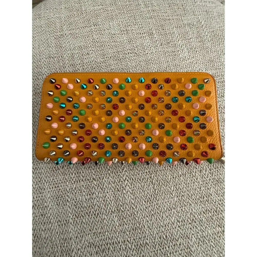 Christian Louboutin Yellow Multicolor Calfskin Panettone Spiked Zippy Wallet